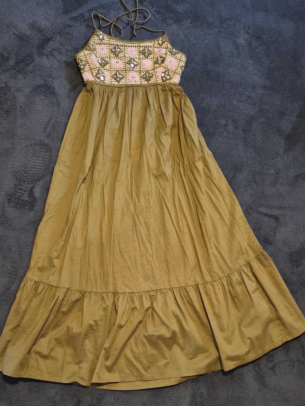 Embroidered Halter Maxi Dress in Olive with Pink Accents